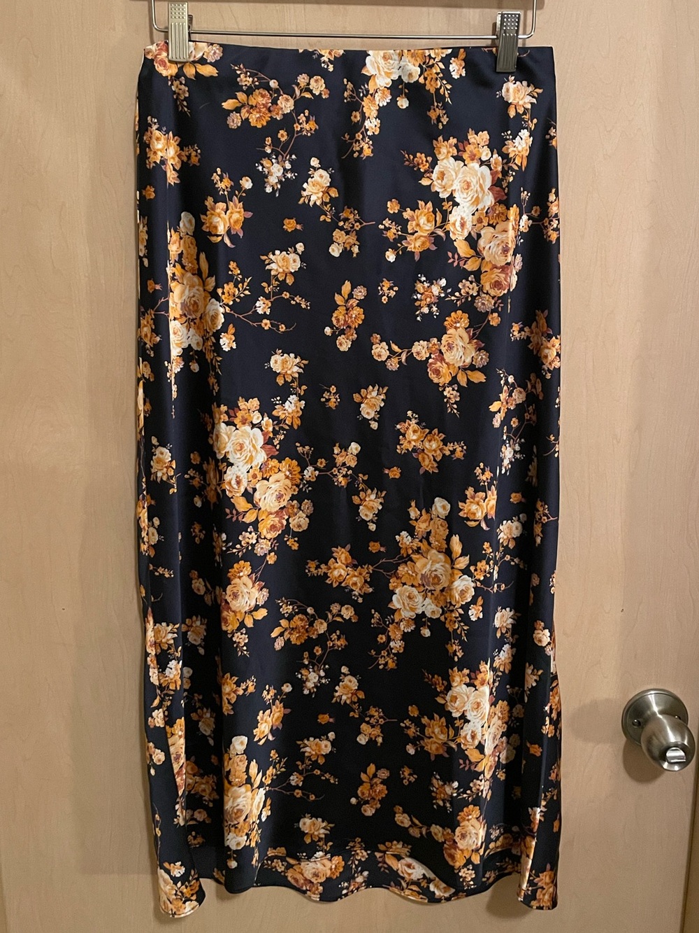 Navy Blue Floral Satin Midi Skirt